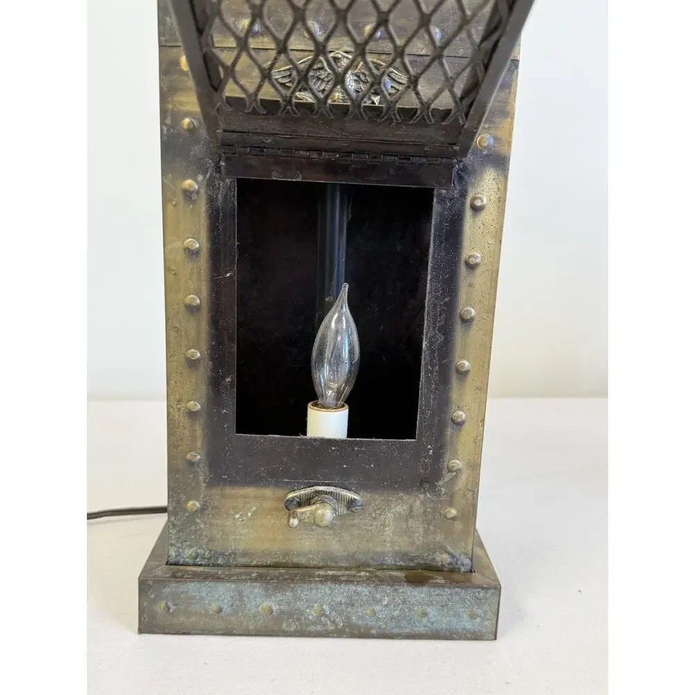Vintage Gothic Medieval Revival Lantern Table Lamp Brass Wood Eagle 27.5